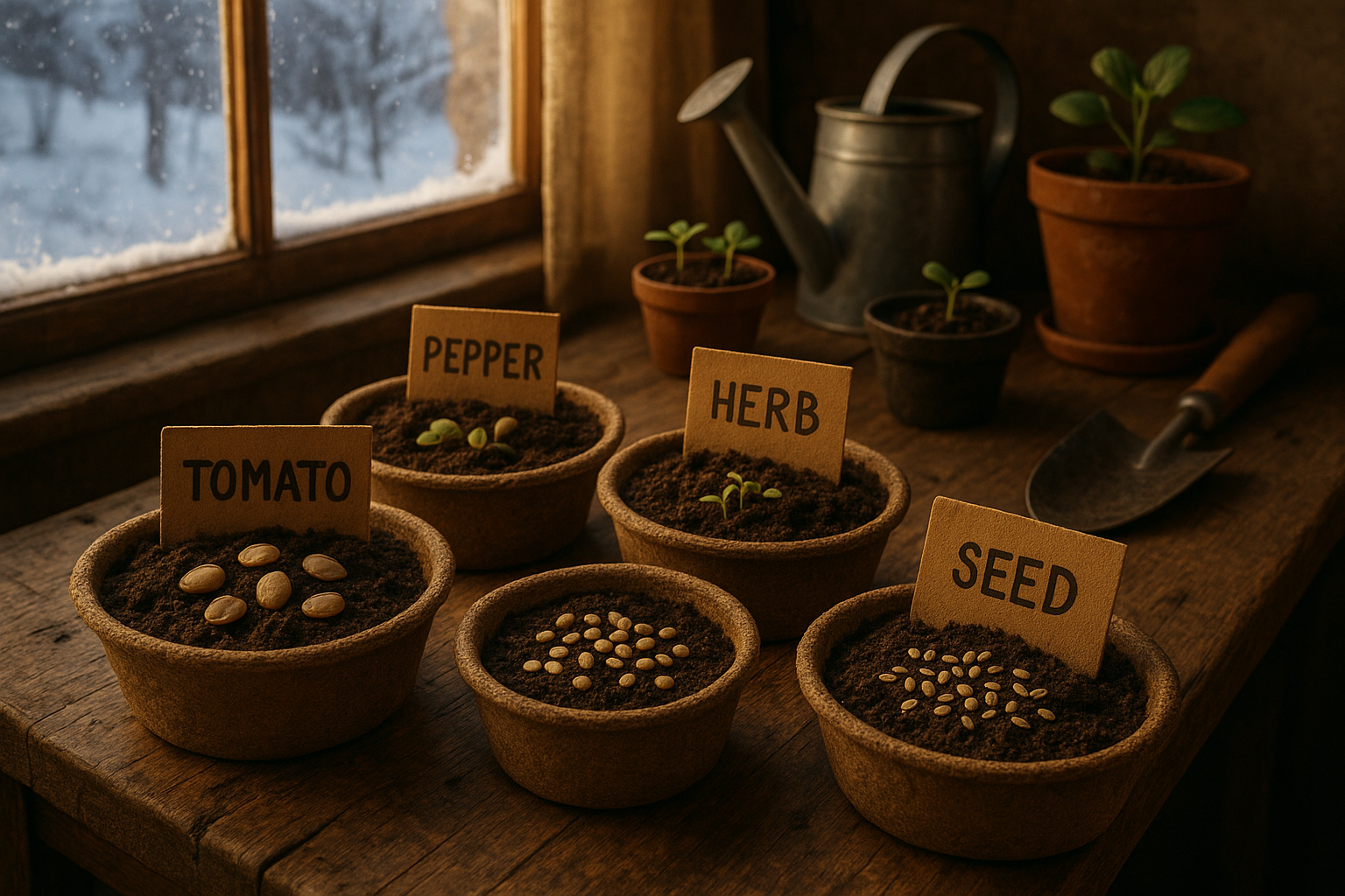 Заготовленные семена и черенки для зимней подготовки, инструменты для садоводства зимой