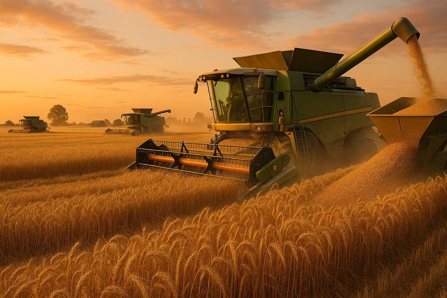 Современный зерноуборочный комбайн в действии на поле при уборке урожая