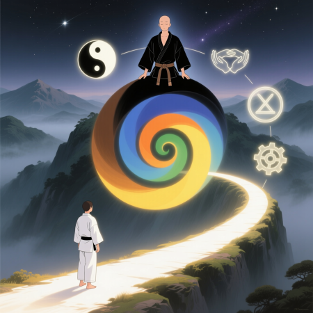 <img src="judo-belts-life-path-mastery.jpg" alt="Judo belt progression representing spiritual and intellectual development through martial arts mastery">