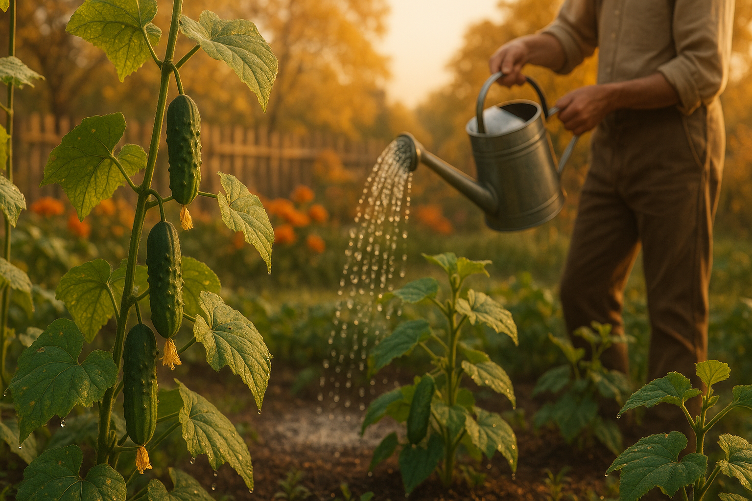 Полив огурцов в теплице из поликарбоната теплой водой под корень куста