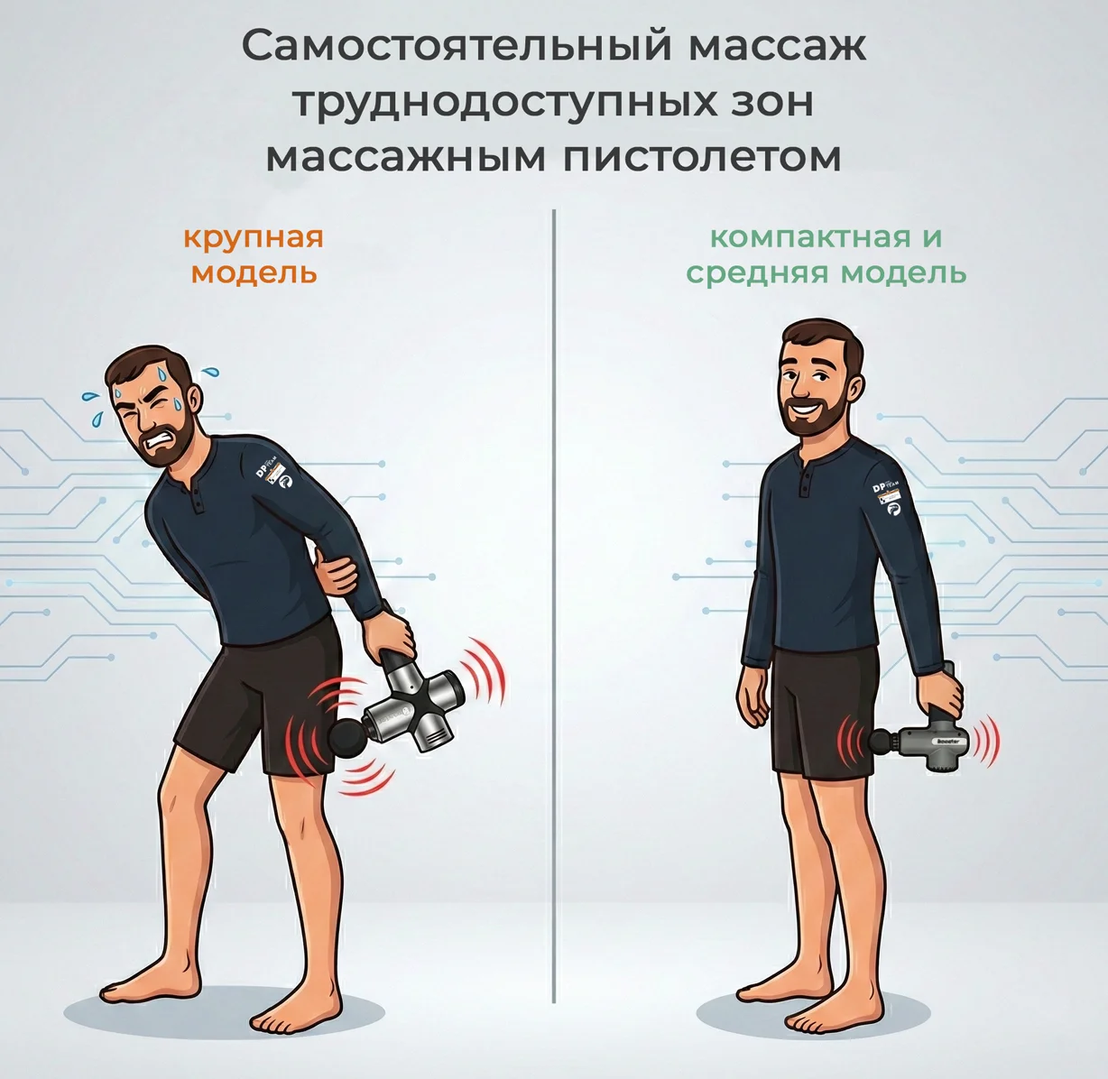 Самостоятельный массаж задней поверхности бедра с помощью массажёра