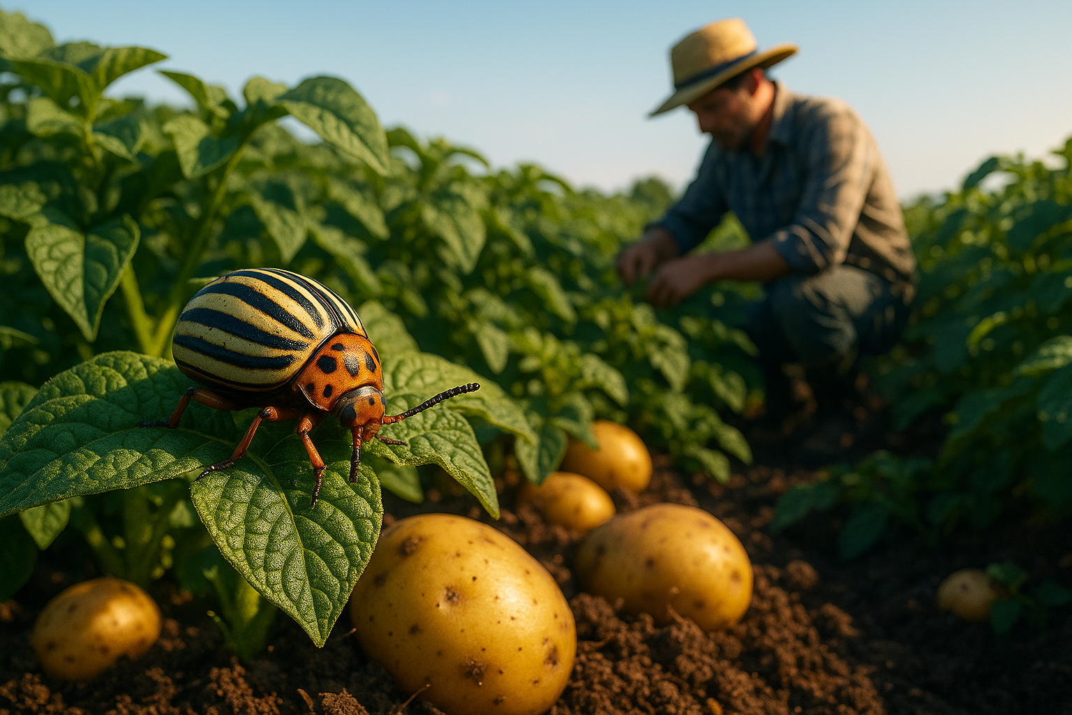 Колорадский жук на листе картофеля - желтое насекомое с черными полосками