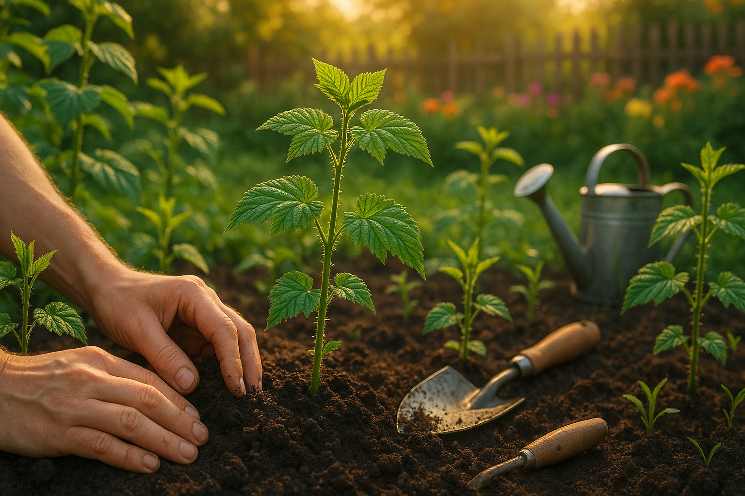 Ремонтантная малина посаженная осенью в подготовленную грядку, покрытая мульчей