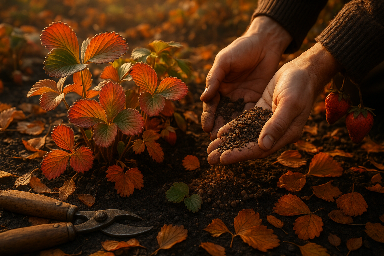 Куст клубники с яркими ягодами на фоне осеннего сада, процесс внесения удобрений в почву рядом с растениями