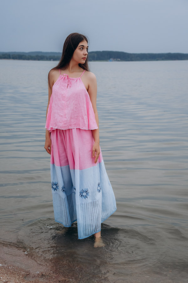 ❀ Розовый рассвет. Костюм льняной топ с юбкой макси с вышивкой "Васильки" КCB-1018