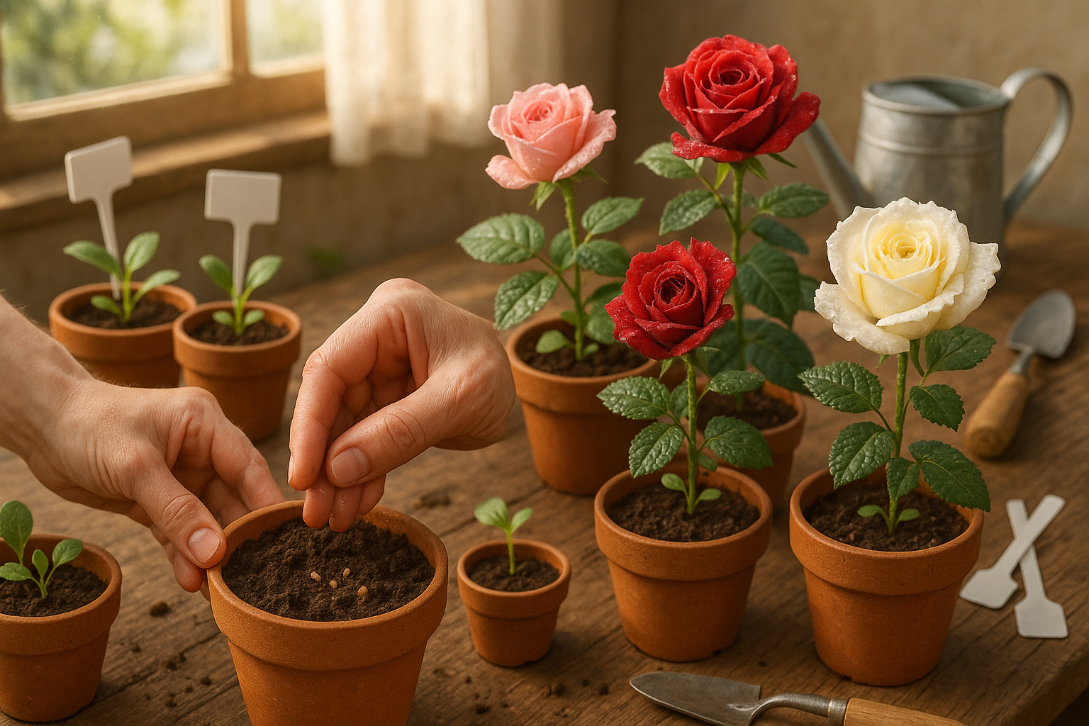 Молодые саженцы роз на рассаде в горшках, подготовленные для пересадки в открытую почву