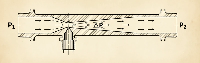 Схема инжектора Вентури: сопло, горловина с боковым патрубком, расширяющийся диффузор
