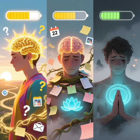 <img src="decision-fatigue-energy-depletion-journey.jpg" alt="Illustration of mental energy depletion from constant choices and how meditation restores cognitive resources">