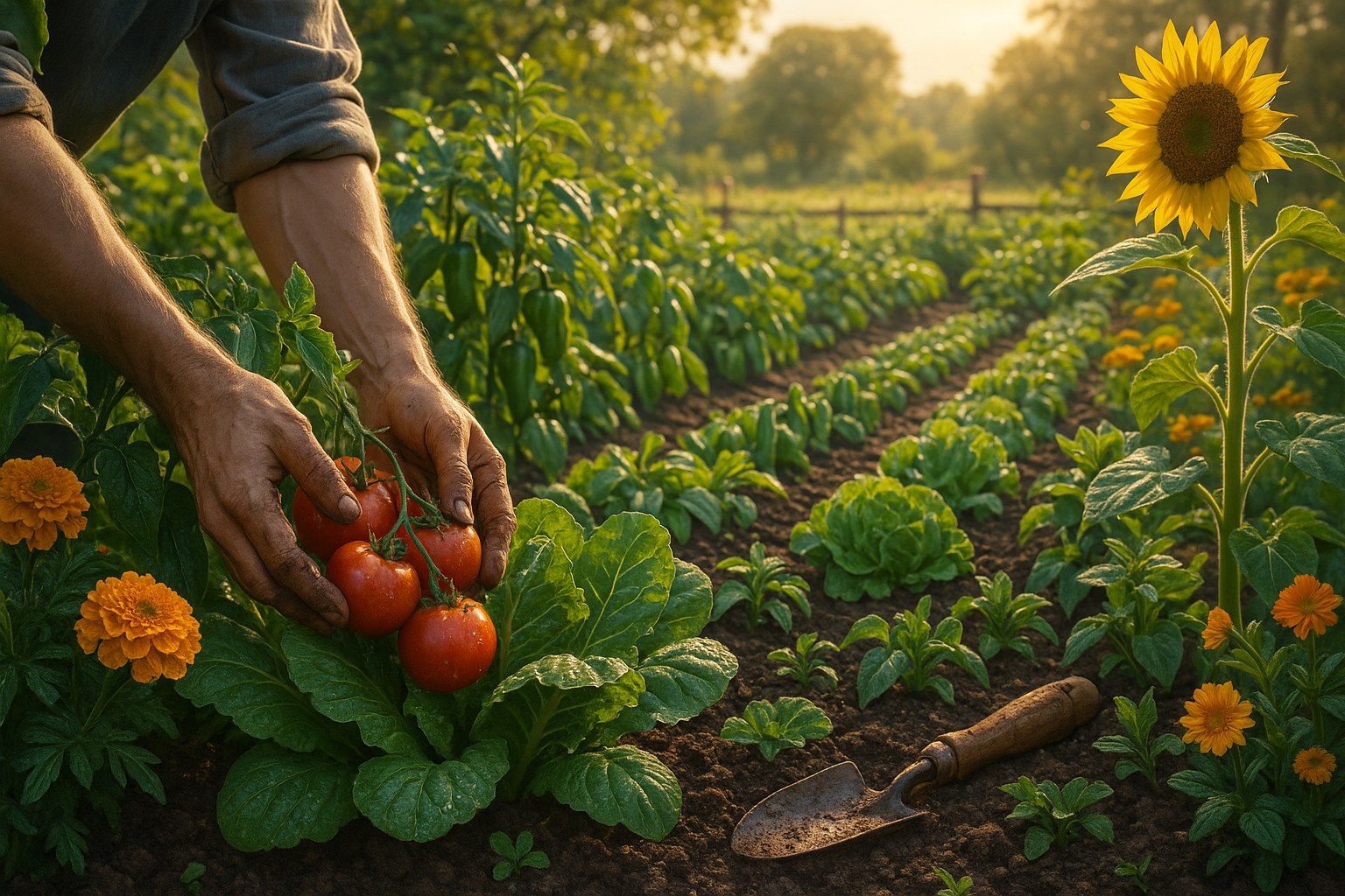 Сад с ухоженными грядками и растущими овощами на даче