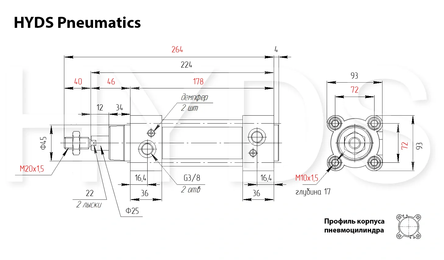 Размеры пневмоцилиндра CP96SDB80-50C