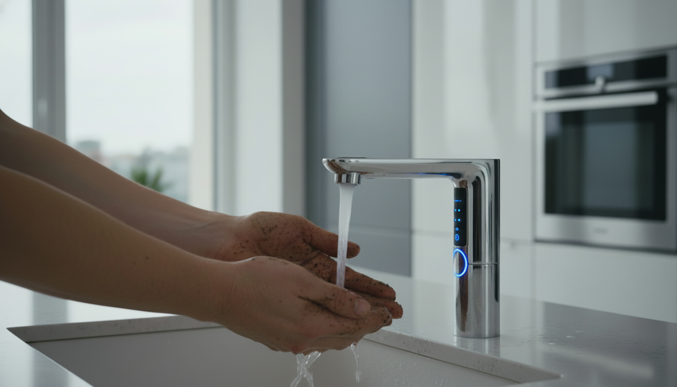 Сенсорный кухонный смеситель с индикацией температуры. Видно, как воду можно включить даже с грязными руками, не касаясь рычага