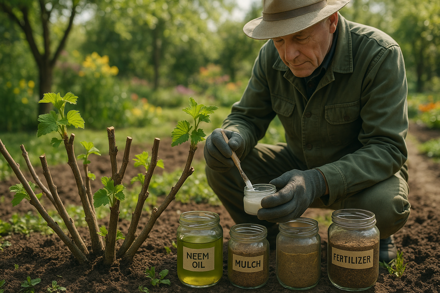 Процесс правильной обрезки смородины с использованием садового секатора на фоне зеленого кустарника