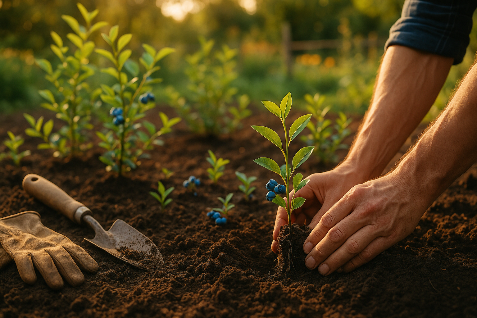 Весеннее высаживание саженца голубики в кислую торфяную почву с мульчей из хвойных опилок