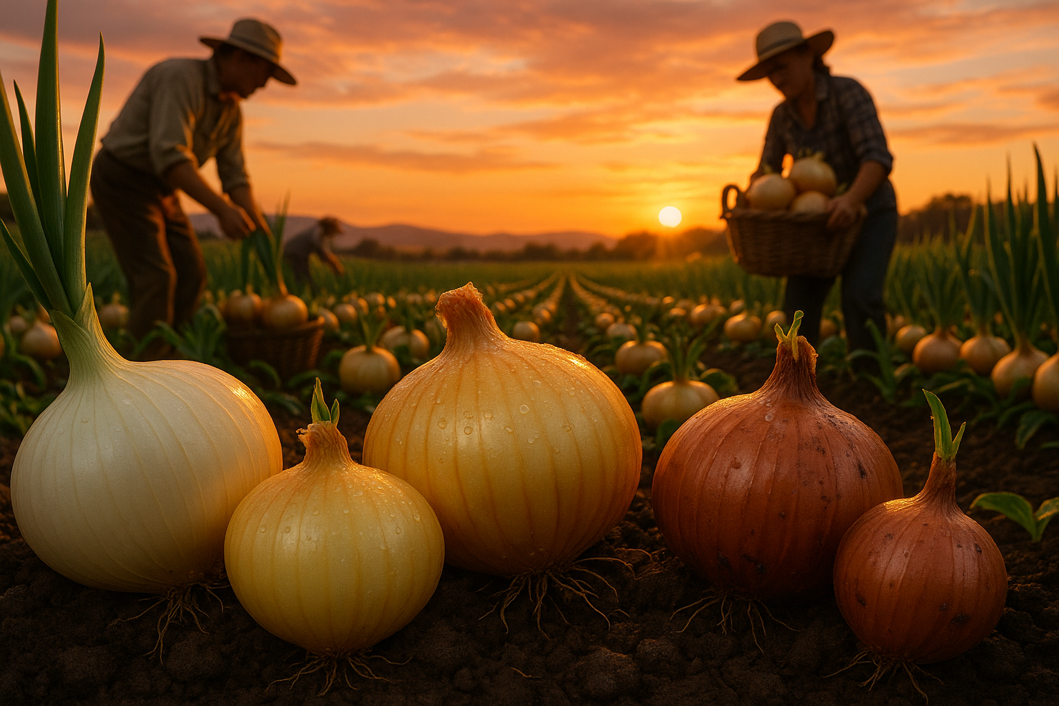 Крупные луковицы лука сортов Эксибишен и Стурон в земле и на столе