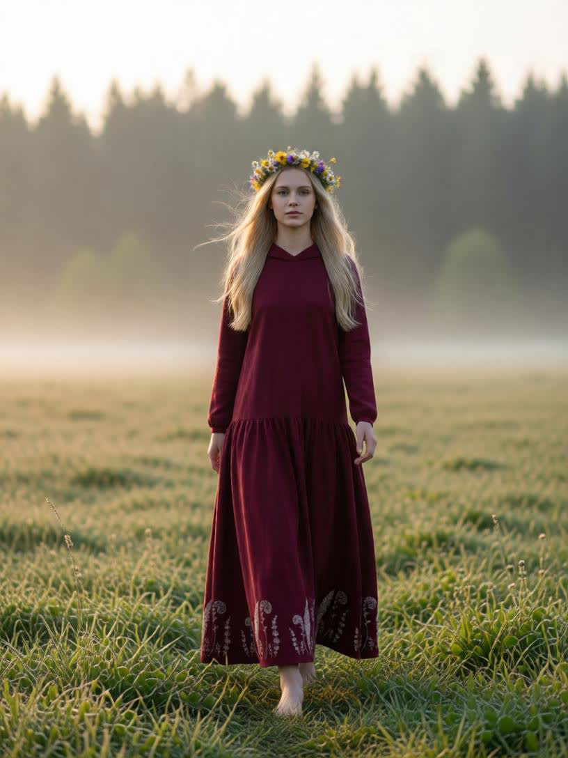 Иоанна. Платье льняное с капюшоном, вышивка по низу юбки PL-422615. LinenBy