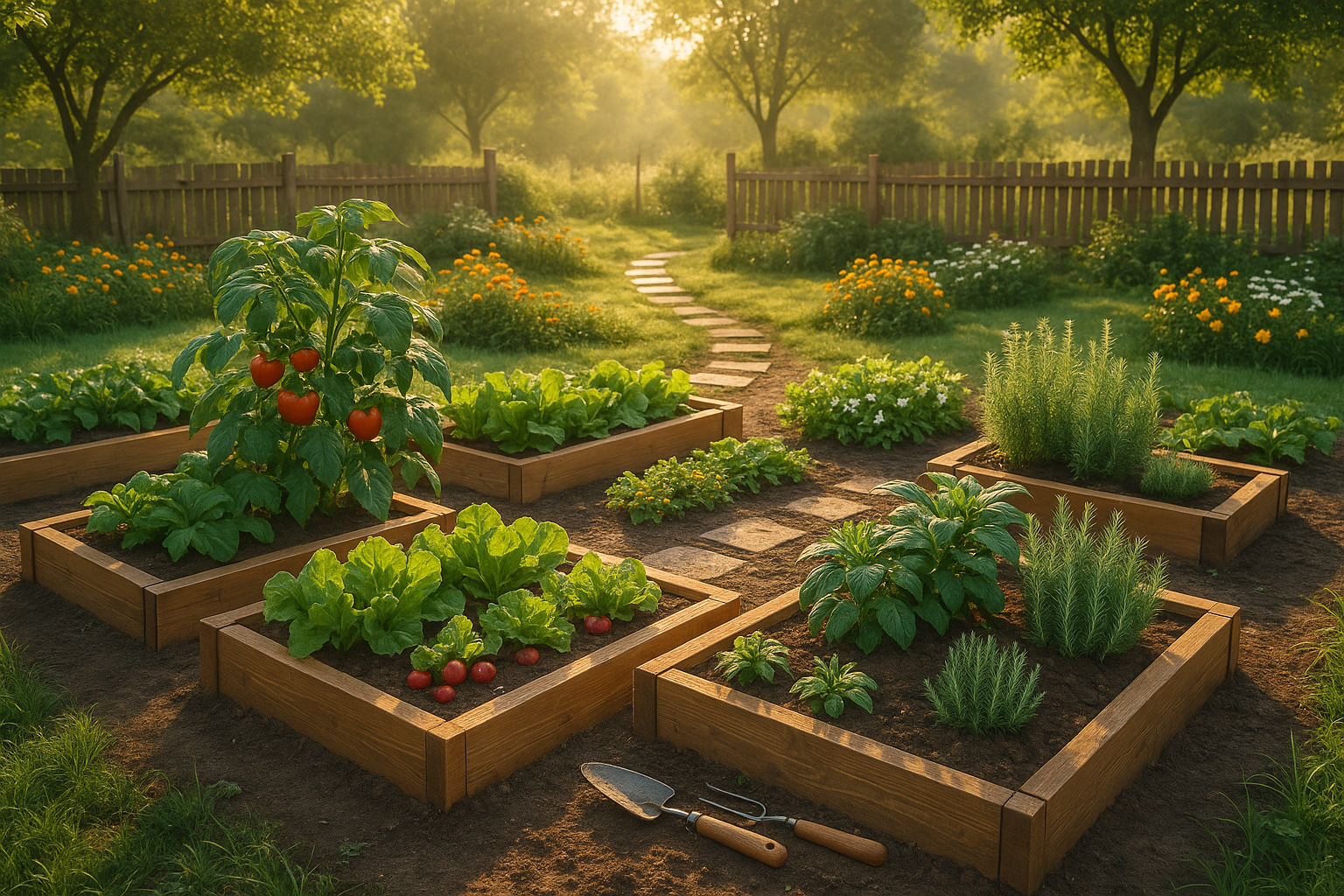 Красивые аккуратные грядки на даче с деревянными ограждениями и яркими растениями