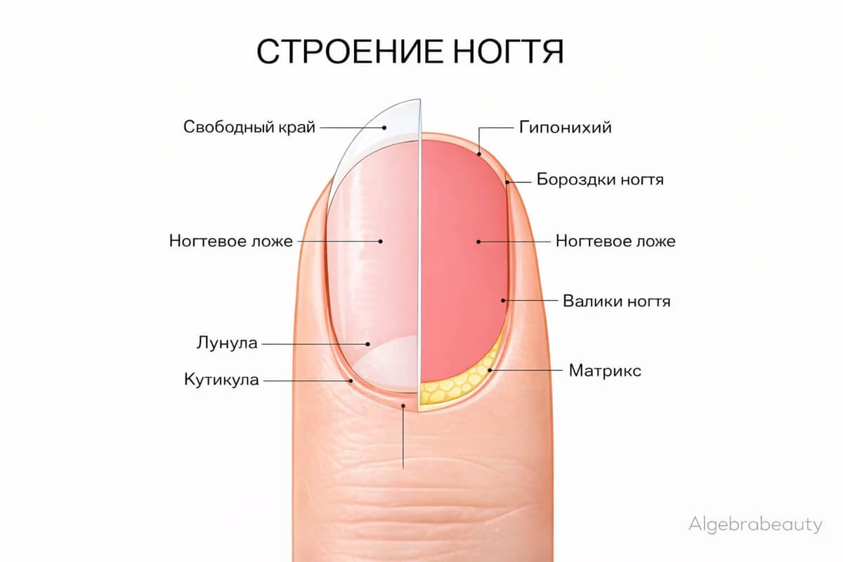 Схема строения ногтя: свободный край, кутикула, лунула, матрикс и ногтевое ложе