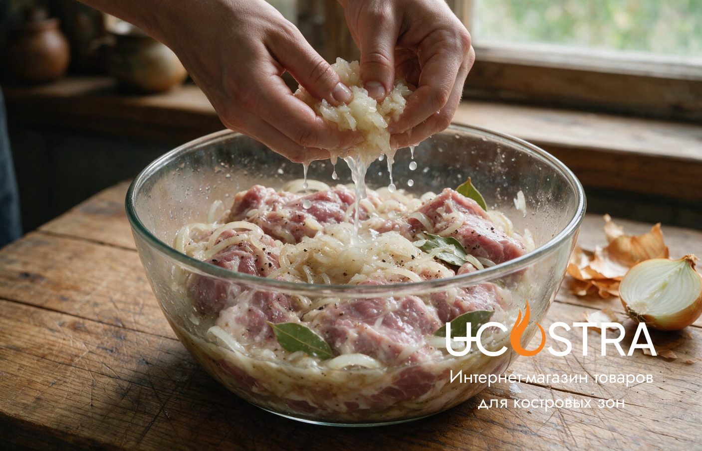 Мясо для шашлыка в луковом маринаде в стеклянной миске