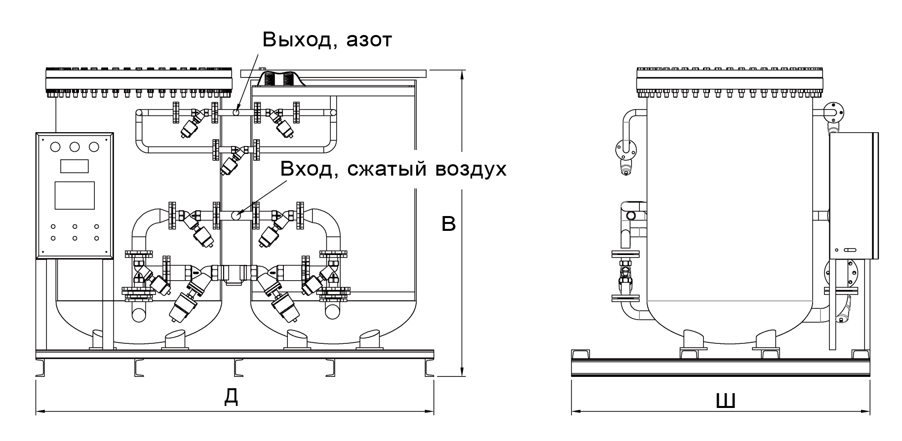 Размеры двух колонного генератора азота Xeleron
