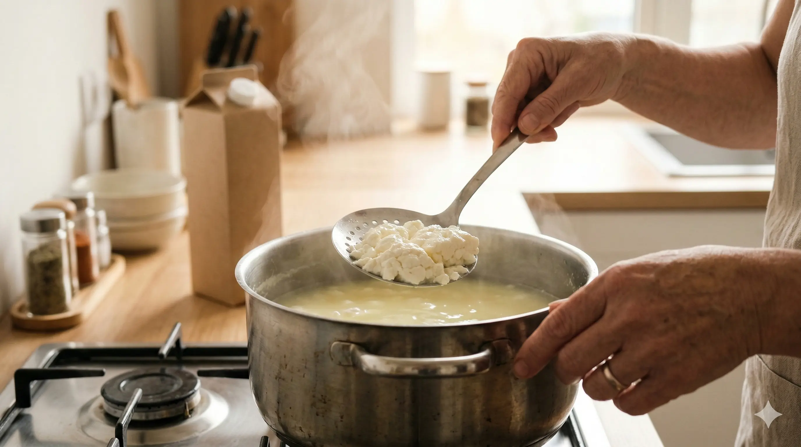 Процесс варки домашнего сыра в кастрюле