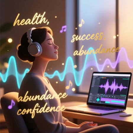 <img src="audio-affirmations-creation.jpg" alt="Creating personal audio affirmations: listening with headphones, visualization of positive words and transformation">