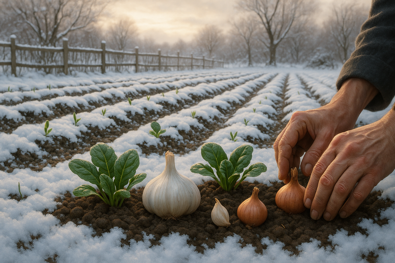 Огород подготовленный к зимнему периоду с рыхлой почвой и укрытыми грядками
