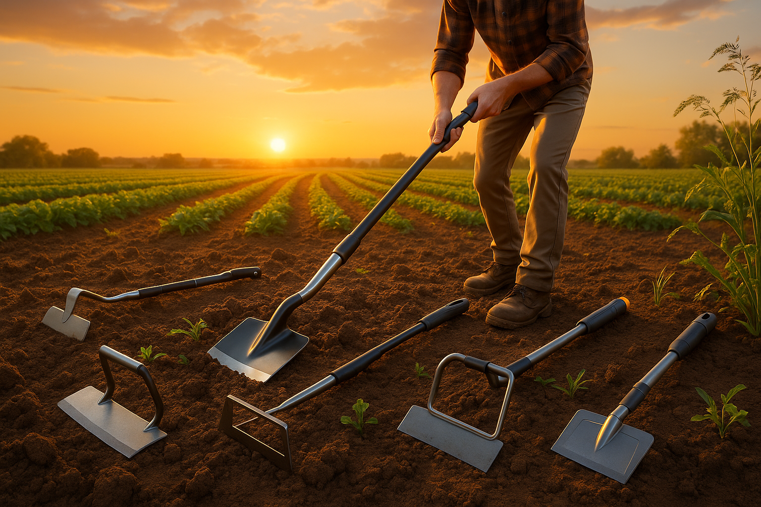 Разные виды мотыг для садовых и огородных работ &ndash; универсальная, голландская и мини-мотыги с различными формами лезвий на фоне грядок