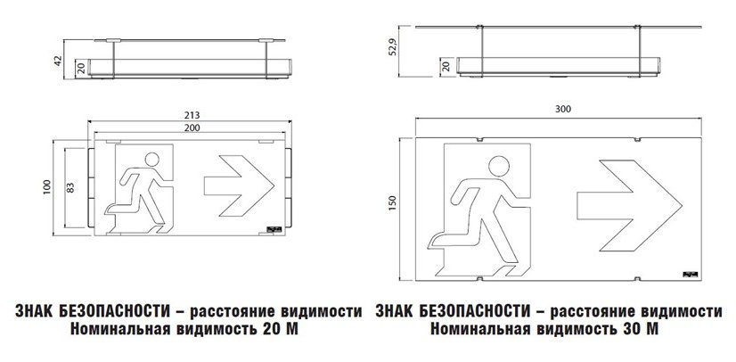 Размеры автономного аварийного светильника эвакуационного освещения UP LED с пиктограммой 20м и 30м 