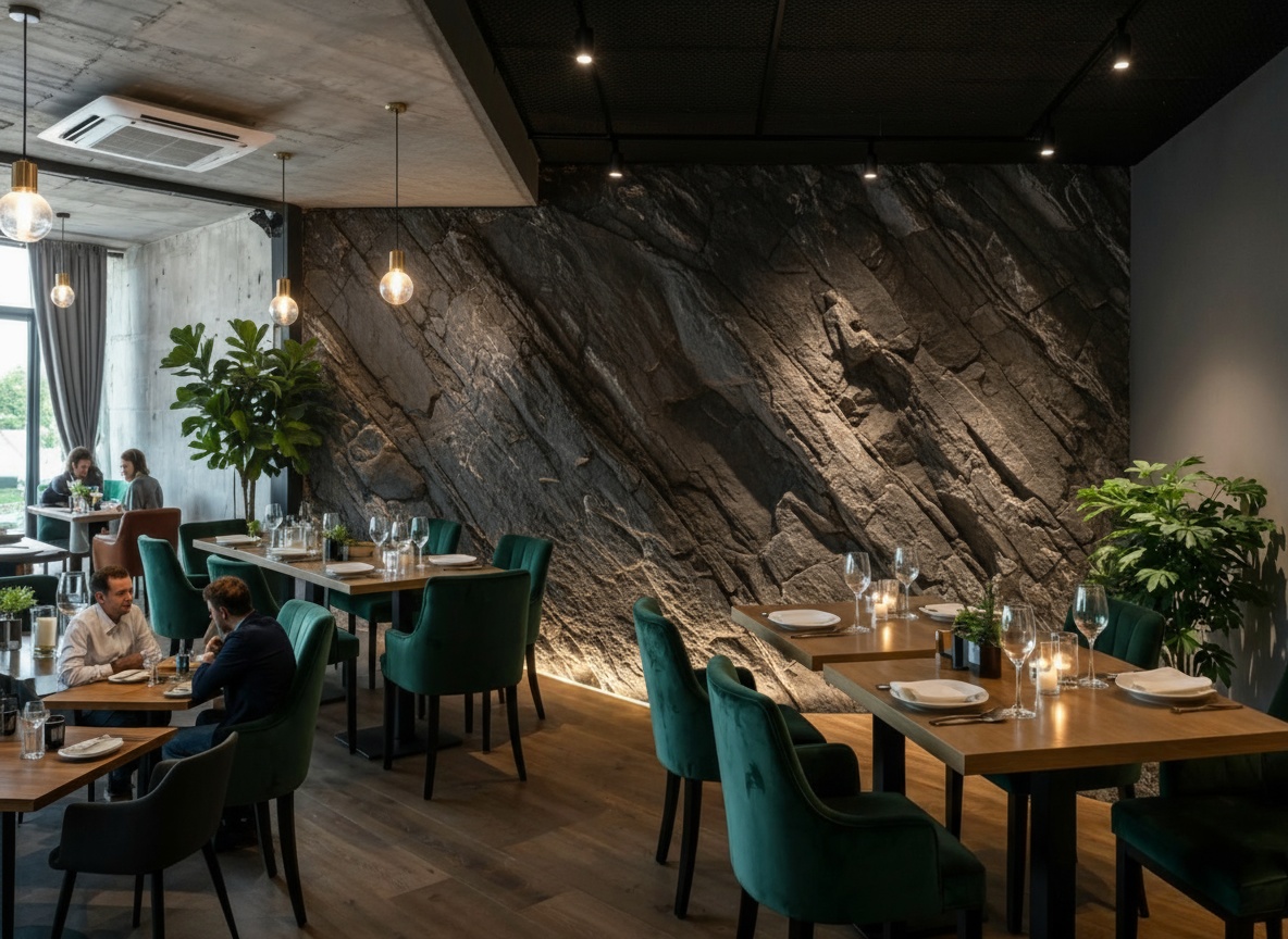Дизайн интерьера ресторана: акцентная стена из арт-бетона (темная скала) и напольное озеленение искусственными растениями в кашпо