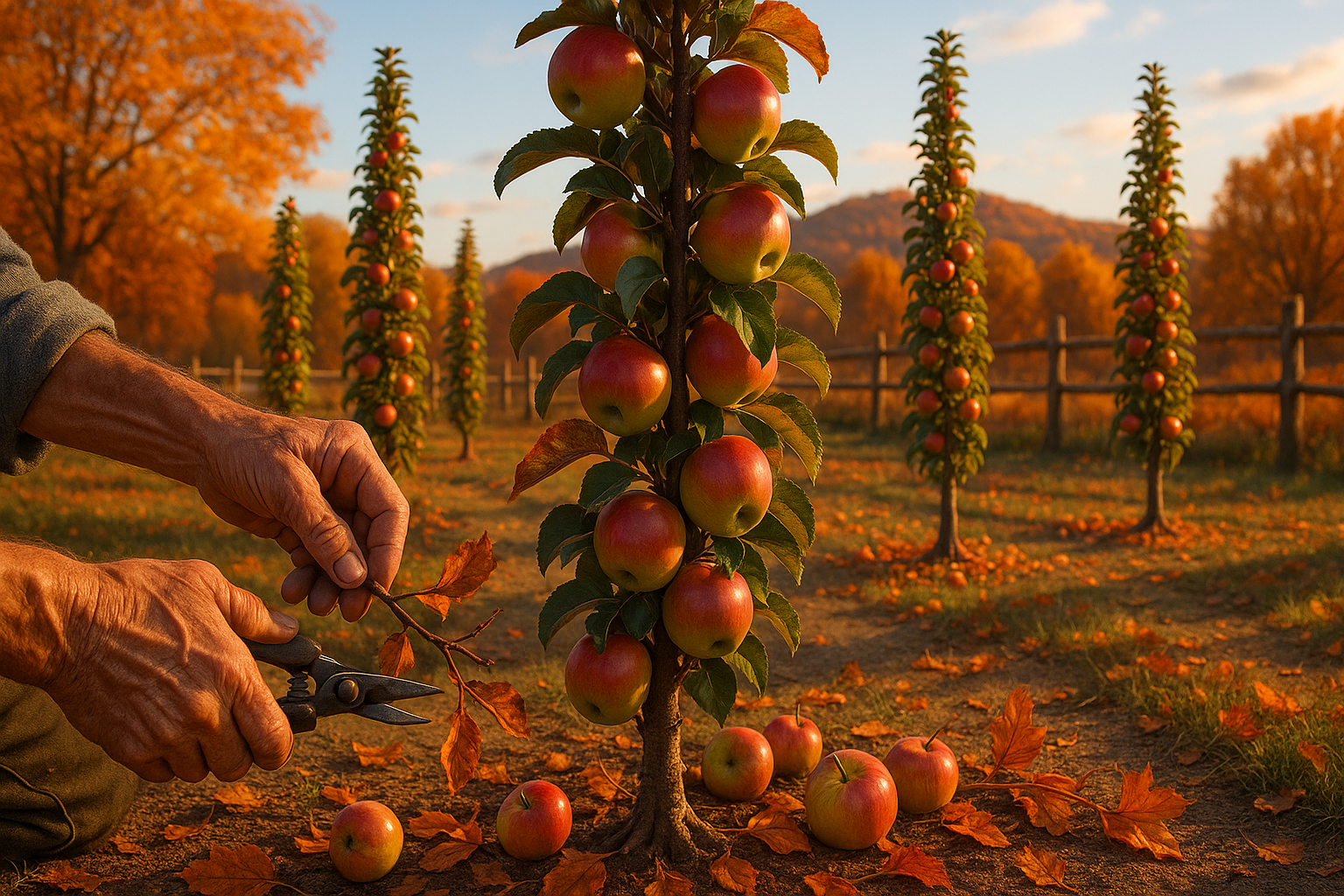 Осенняя обрезка яблони с использованием садового секатора на фоне яблоневого сада