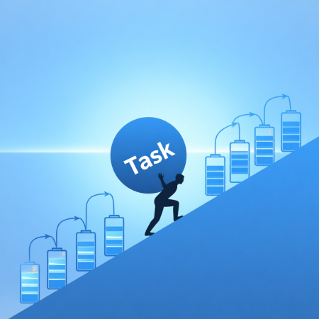 <img src="energy-leaks-procrastination.jpg" alt="Human figure with energy leaks draining batteries trying to push a task boulder">