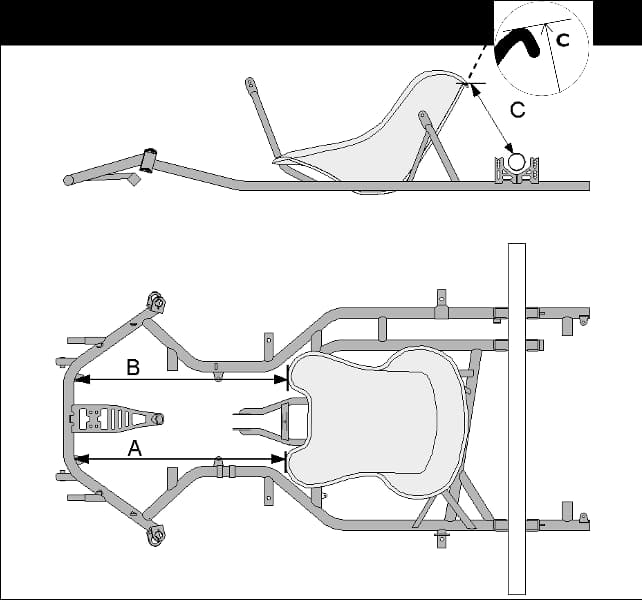 Схема установки сиденья на шасси Tony Kart Rookie &mdash; размеры A, B, C