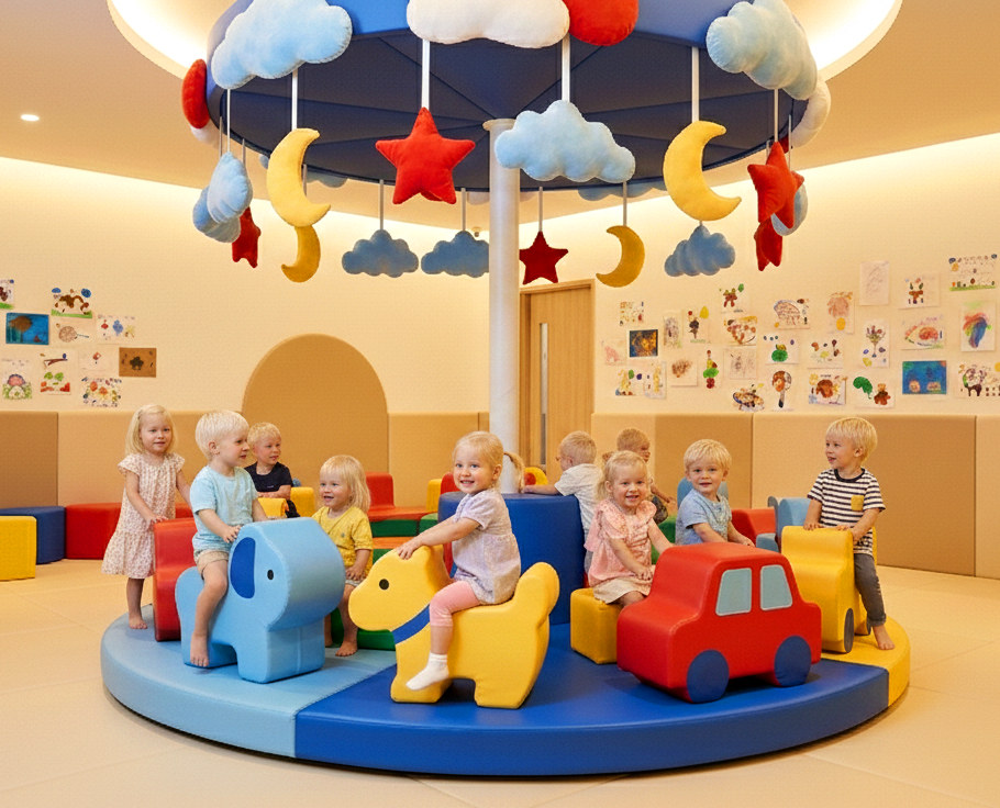 Современная детская игровая комната с яркими каруселями