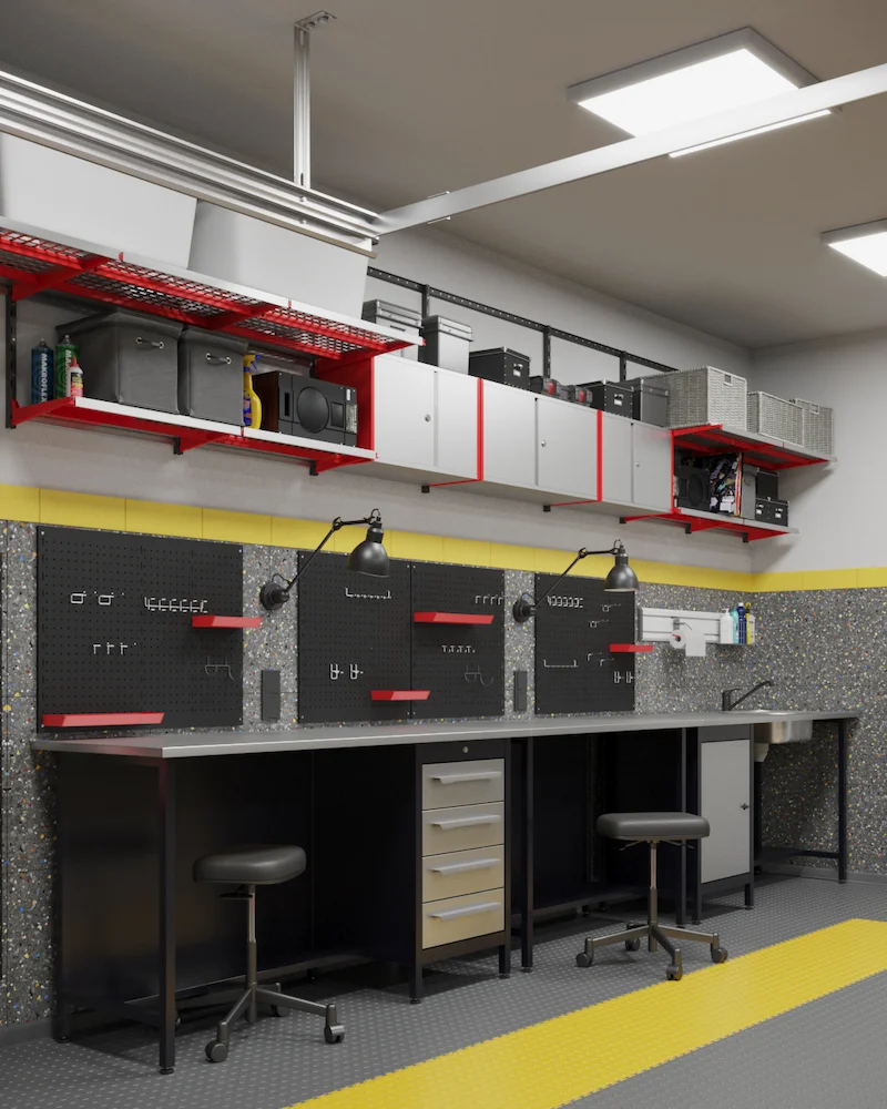 Обустроенная мастерская в гараже: верстак, навесные шкафы и черные перфопанели с красными лотками для инструментов системы IF