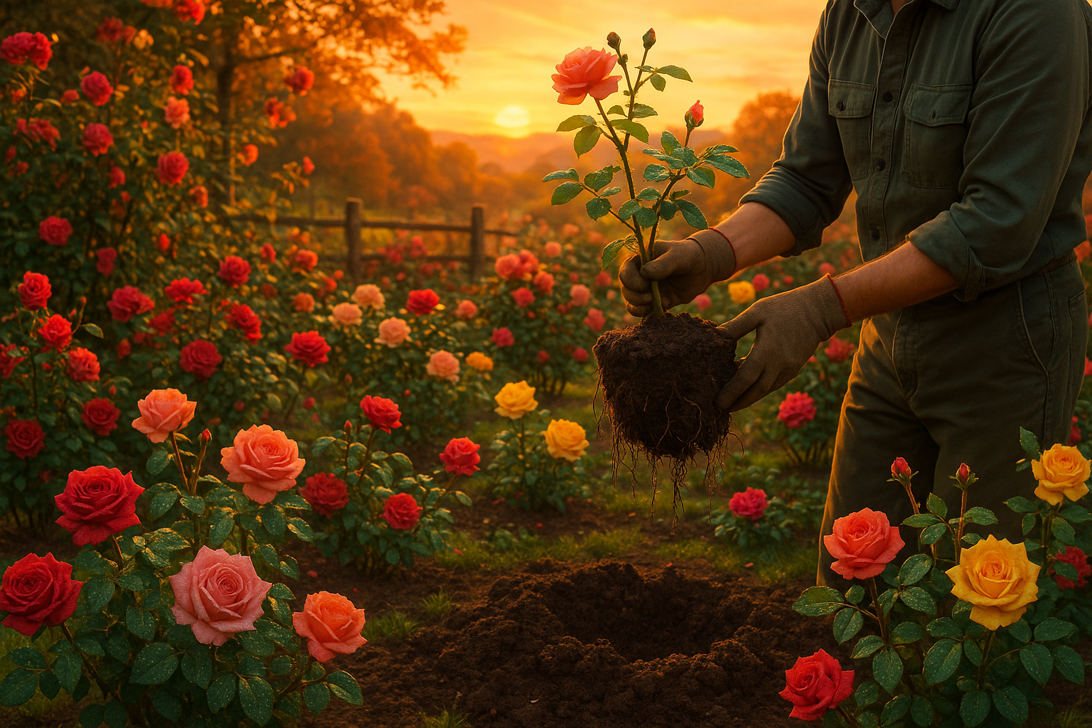 Розовый куст осенью во время пересадки на новое место с аккуратно расправленными корнями в руках садовода