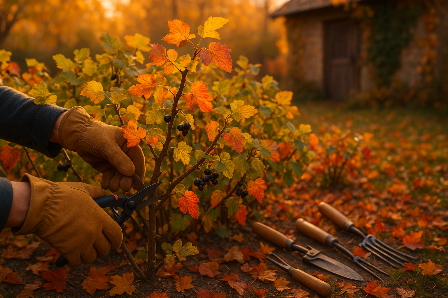 Схема обрезки смородины осенью: изображение кустов с отмеченными местами среза веток для правильного формирования куста