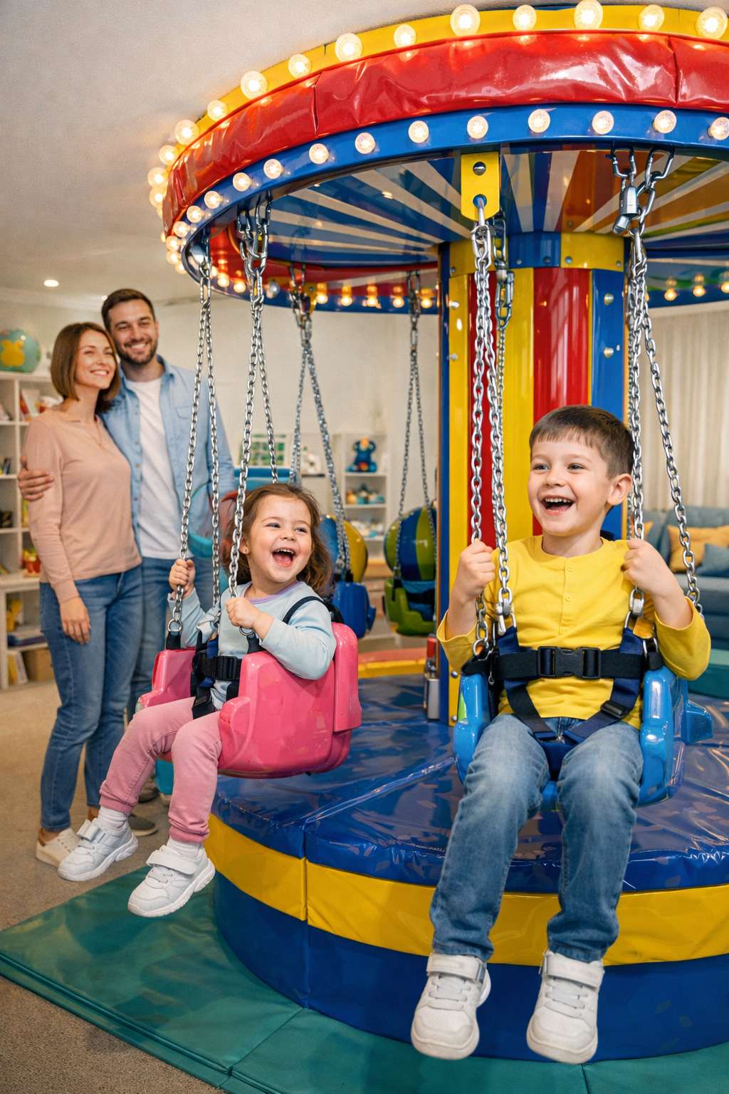 Счастливая семья с новой каруселью