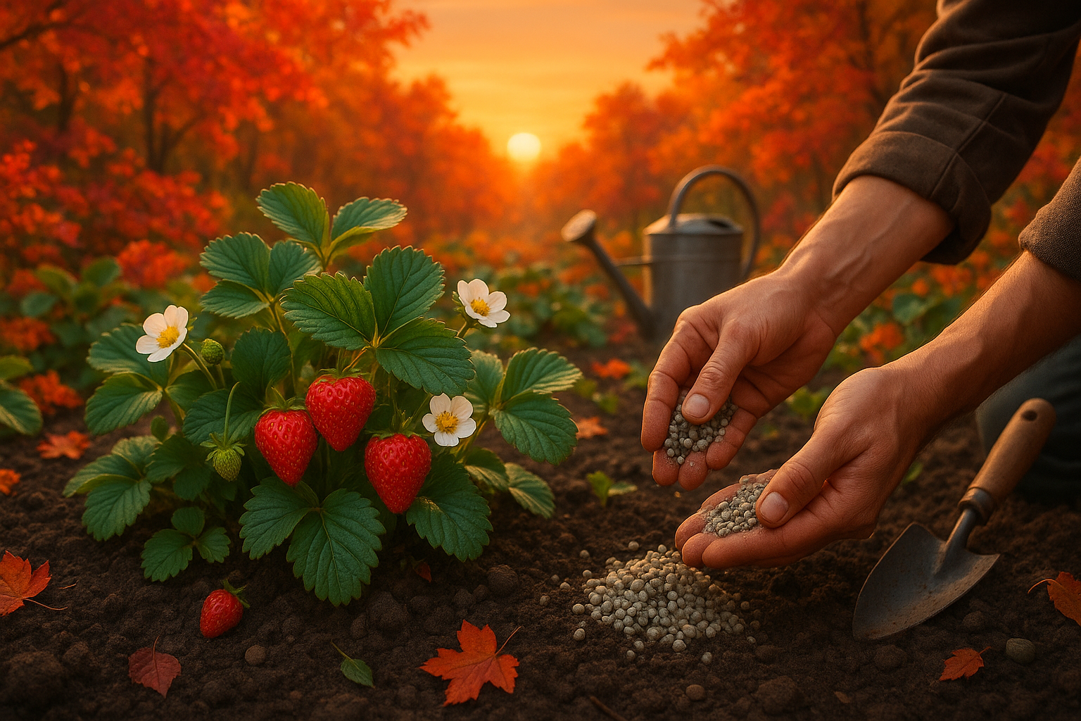 Куст клубники с яркими ягодами на фоне осеннего сада, процесс внесения удобрений в почву рядом с растениями