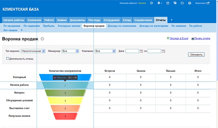 Ориентировочный интерфейс CRM-системы для работы с клиентской базой