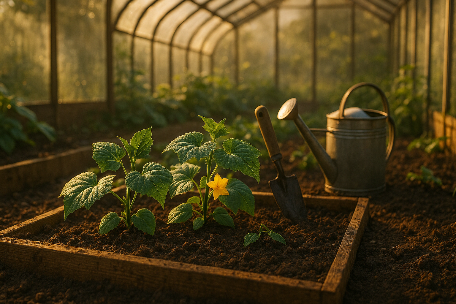 Теплица с тщательно подготовленными грядками для огурцов с зеленой листвой и плодами
