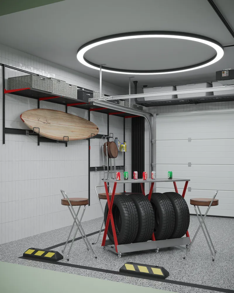 Зона отдыха для друзей в гараже: высокий стол над стеллажом для шин, барные стулья и крепление для серфборда на стене