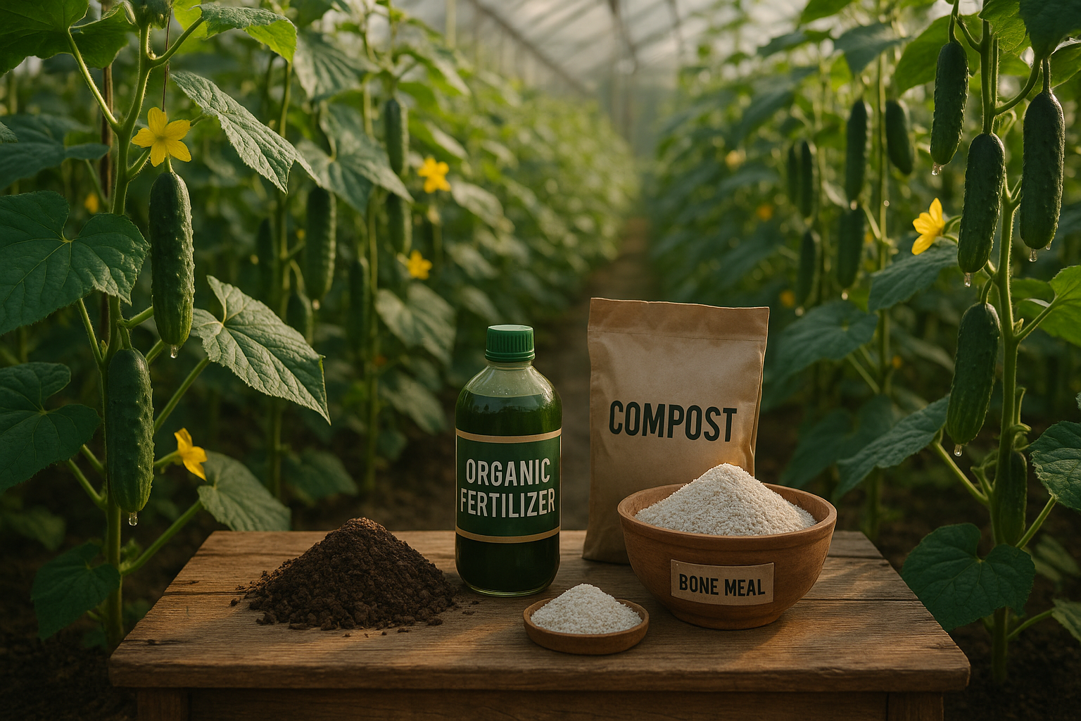 Огурцы в теплице с листьями и плодами на фоне удобрений для правильной подкормки