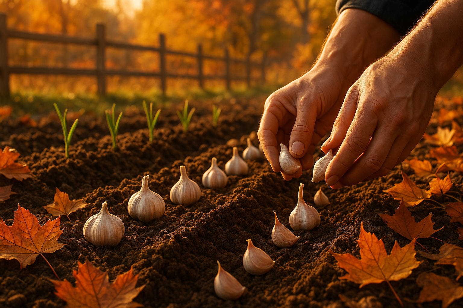 Подготовленная грядка с бороздками и аккуратно посаженными зубчиками чеснока осенью