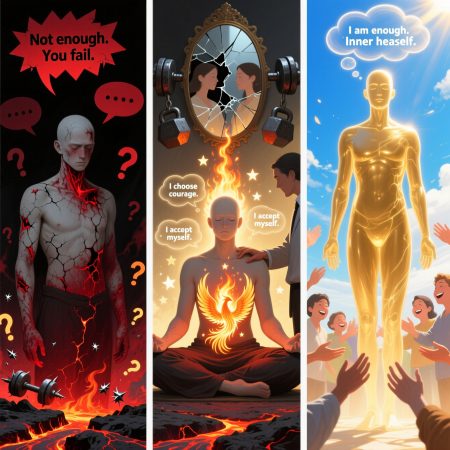 <img src="eczema-inadequacy-to-courage-healing.jpg" alt="Illustration showing transformation from eczema caused by feelings of inadequacy to healthy skin through courage and psychological healing">