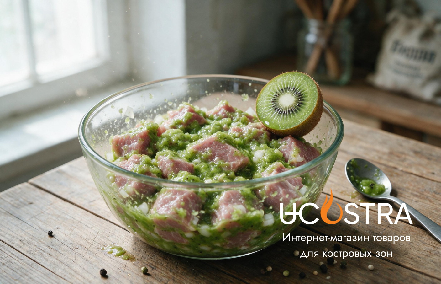 Мясо для шашлыка в маринаде с киви, рядом разрезанное киви