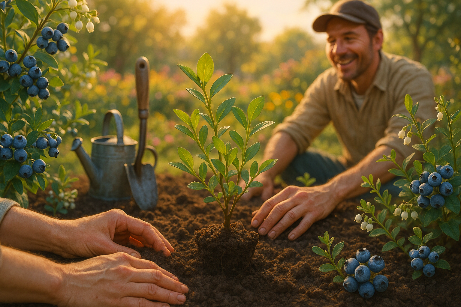 Весеннее высаживание саженца голубики в кислую торфяную почву с мульчей из хвойных опилок