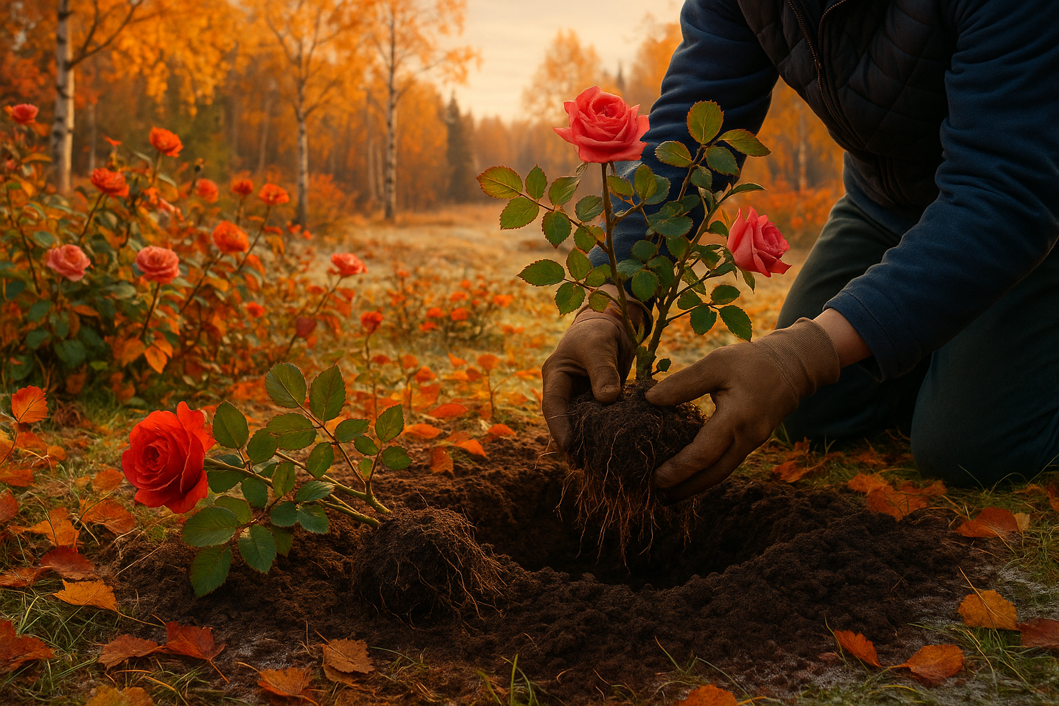 Розовый куст осенью во время пересадки на новое место с аккуратно расправленными корнями в руках садовода