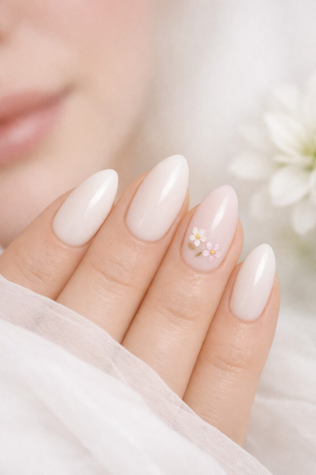 Весенний маникюр с цветами на миндальной форме