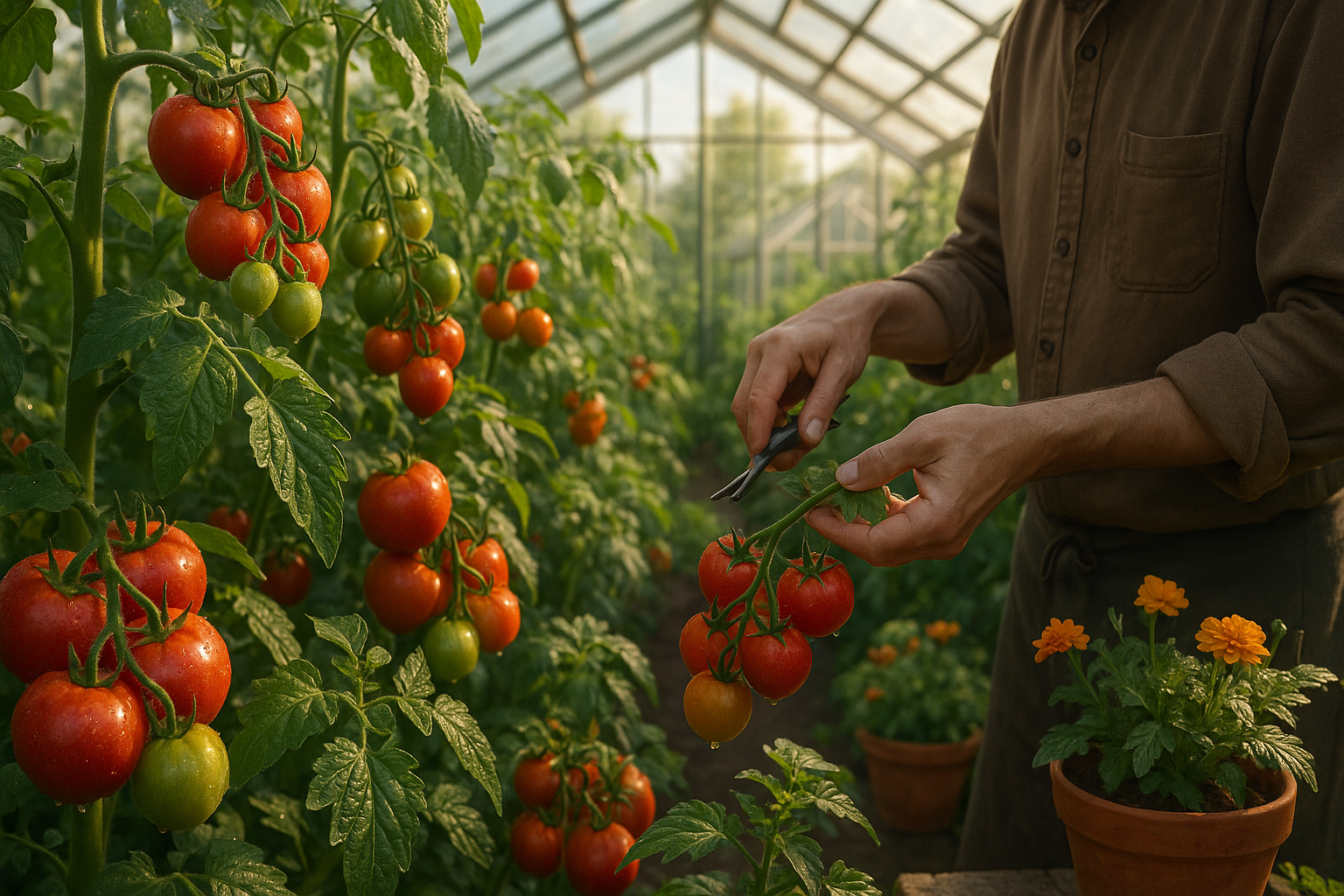 Компактные кусты помидоров без пасынкования в теплице с красными спелыми плодами, готовыми к сбору урожая