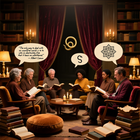 <img src="literary-club-discussion-books.jpg" alt="Literature club members in deep discussion sharing ideas and emotional insights from books">